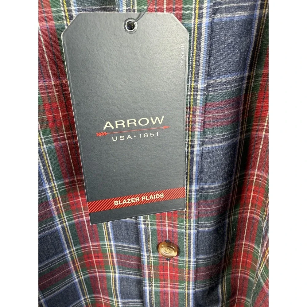 Arrow Shirt Mens Medium Blue Red Plaid Button Down Long Sleeve Cotton Blend‎
